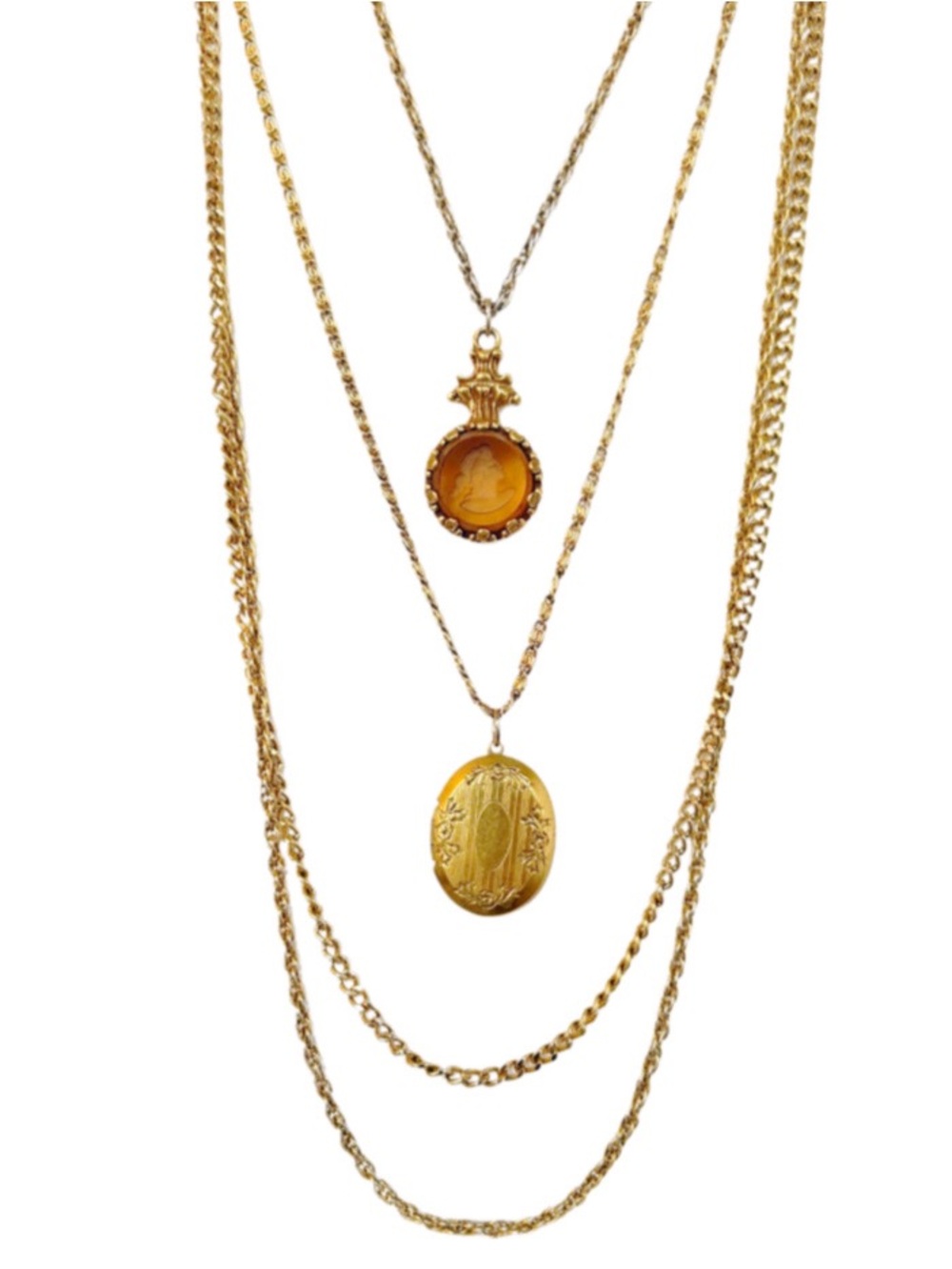 Vintage Goldette Intaglio Cameo Pendant and Gold Locket Layered Chain Necklace